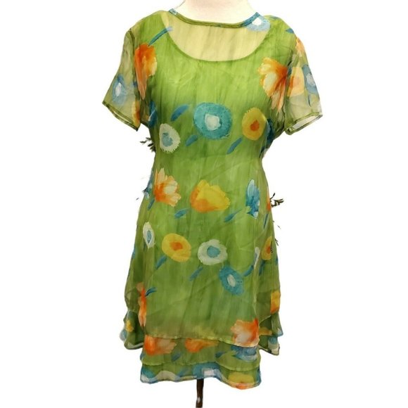 Vintage 90s Lime Green Chiffon‎ Watercolor Floral Dress Layered Sz M Medium - Picture 1 of 9